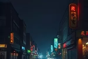 霓虹深巷横版剧照：雨夜里被霓虹映红的小巷路面